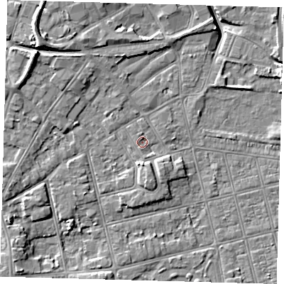 Shaded relief map of the ground around DN320HD, computed from Environment Agency LiDAR. The ground here sits at about 4 m above sea level and falls 10 m across the surrounding 800 m. Surface water reaching this point runs off ground lying to the south-south-east, 1.5 m higher.