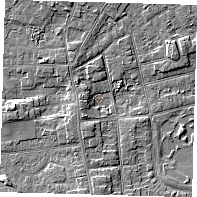 Shaded relief map of the ground around DN320HE, computed from Environment Agency LiDAR. The ground here sits at about 3 m above sea level and falls 6 m across the surrounding 800 m. Surface water reaching this point runs off ground lying to the south, 5.6 m higher.