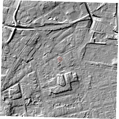 Shaded relief map of the ground around DN320HF, computed from Environment Agency LiDAR. The ground here sits at about 4 m above sea level and falls 10 m across the surrounding 800 m. Surface water reaching this point runs off ground lying to the south, 1.0 m higher.