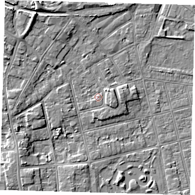 Shaded relief map of the ground around DN320HH, computed from Environment Agency LiDAR. The ground here sits at about 4 m above sea level and falls 9 m across the surrounding 800 m. Surface water reaching this point runs off ground lying to the south-south-east, 1.1 m higher.