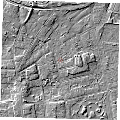Shaded relief map of the ground around DN320HJ, computed from Environment Agency LiDAR. The ground here sits at about 4 m above sea level and falls 9 m across the surrounding 800 m. Surface water reaching this point runs off ground lying to the north-north-west, 7.0 m higher.