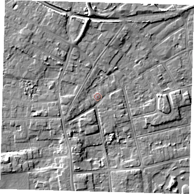 Shaded relief map of the ground around DN320HN, computed from Environment Agency LiDAR. The ground here sits at about 4 m above sea level and falls 8 m across the surrounding 800 m. Surface water reaching this point runs off ground lying to the west-south-west, 2.1 m higher.