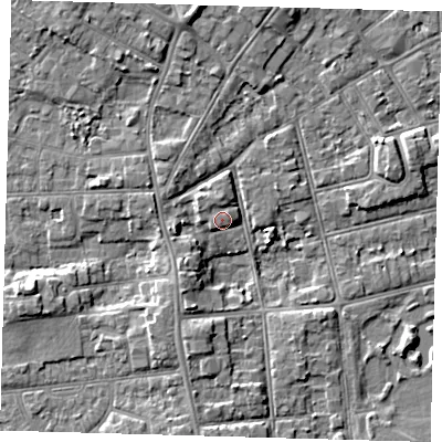Shaded relief map of the ground around DN320HP, computed from Environment Agency LiDAR. The ground here sits at about 5 m above sea level and falls 6 m across the surrounding 800 m. Surface water reaching this point runs off ground lying to the south-west, 3.3 m higher.