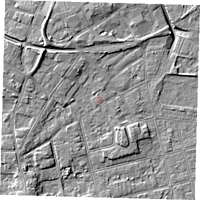 Shaded relief map of the ground around DN320HQ, computed from Environment Agency LiDAR. The ground here sits at about 4 m above sea level and falls 10 m across the surrounding 800 m. The ground contributing surface water to this point lies to the west-south-west.