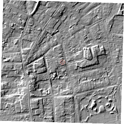 Shaded relief map of the ground around DN320HR, computed from Environment Agency LiDAR. The ground here sits at about 4 m above sea level and falls 8 m across the surrounding 800 m. Surface water reaching this point runs off ground lying to the north-north-west, 6.8 m higher.