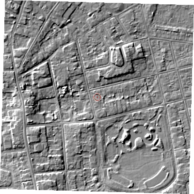 Shaded relief map of the ground around DN320HS, computed from Environment Agency LiDAR. The ground here sits at about 3 m above sea level and falls 5 m across the surrounding 800 m. Surface water reaching this point runs off ground lying to the south-south-east, 0.5 m higher.