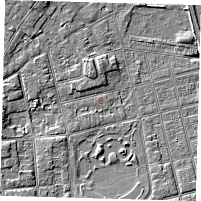 Shaded relief map of the ground around DN320HT, computed from Environment Agency LiDAR. The ground here sits at about 3 m above sea level and falls 6 m across the surrounding 800 m. Surface water reaching this point runs off ground lying to the west-south-west, 4.7 m higher.
