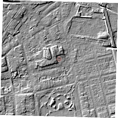 Shaded relief map of the ground around DN320HU, computed from Environment Agency LiDAR. The ground here sits at about 3 m above sea level and falls 10 m across the surrounding 800 m. Surface water reaching this point runs off ground lying to the north-north-west, 2.6 m higher.