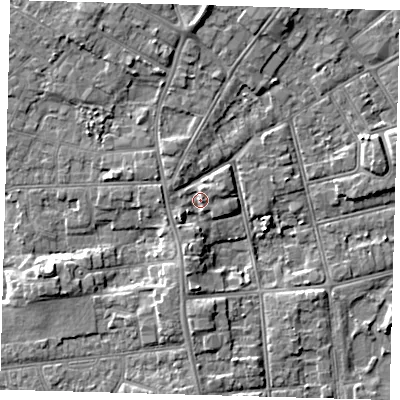 Shaded relief map of the ground around DN320HW, computed from Environment Agency LiDAR. The ground here sits at about 5 m above sea level and falls 6 m across the surrounding 800 m. Surface water reaching this point runs off ground lying to the south-west, 2.2 m higher.