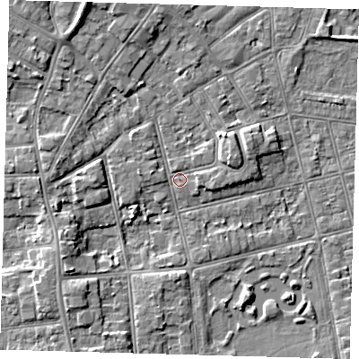 Shaded relief map of the ground around DN320JA, computed from Environment Agency LiDAR. The ground here sits at about 4 m above sea level and falls 7 m across the surrounding 800 m. Surface water reaching this point runs off ground lying to the north-north-west, 6.4 m higher.