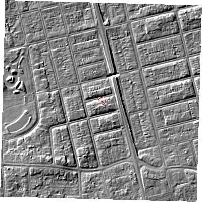 Shaded relief map of the ground around DN320JH, computed from Environment Agency LiDAR. The ground here sits at about 4 m above sea level and falls 6 m across the surrounding 800 m. Surface water reaching this point runs off ground lying to the south, 2.0 m higher.