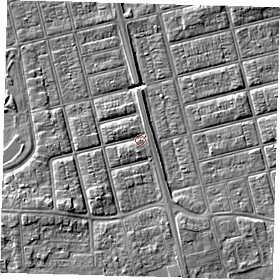 Shaded relief map of the ground around DN320JJ, computed from Environment Agency LiDAR. The ground here sits at about 4 m above sea level and falls 6 m across the surrounding 800 m. Surface water reaching this point runs off ground lying to the south, 2.1 m higher.
