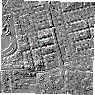 Shaded relief map of the ground around DN320JL, computed from Environment Agency LiDAR. The ground here sits at about 4 m above sea level and falls 6 m across the surrounding 800 m. Surface water reaching this point runs off ground lying to the south, 2.1 m higher.