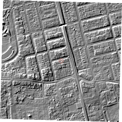 Shaded relief map of the ground around DN320JN, computed from Environment Agency LiDAR. The ground here sits at about 4 m above sea level and falls 6 m across the surrounding 800 m. Surface water reaching this point runs off ground lying to the south-south-west, 1.0 m higher.