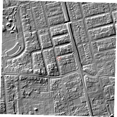 Shaded relief map of the ground around DN320JP, computed from Environment Agency LiDAR. The ground here sits at about 4 m above sea level and falls 7 m across the surrounding 800 m. Surface water reaching this point runs off ground lying to the south-south-west, 3.5 m higher.