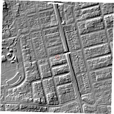 Shaded relief map of the ground around DN320JQ, computed from Environment Agency LiDAR. The ground here sits at about 3 m above sea level and falls 6 m across the surrounding 800 m. Surface water reaching this point runs off ground lying to the south-south-west, 3.4 m higher.