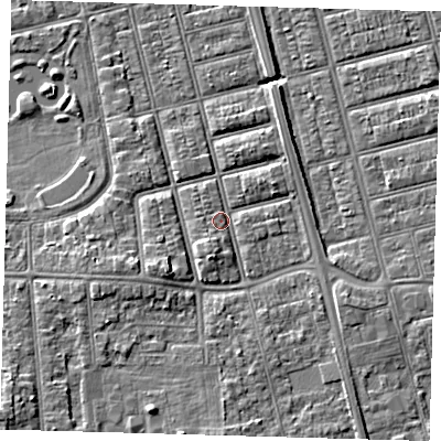 Shaded relief map of the ground around DN320JR, computed from Environment Agency LiDAR. The ground here sits at about 4 m above sea level and falls 7 m across the surrounding 800 m. Surface water reaching this point runs off ground lying to the south, 3.6 m higher.