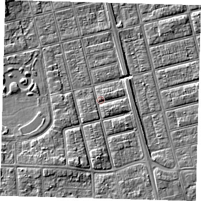 Shaded relief map of the ground around DN320JT, computed from Environment Agency LiDAR. The ground here sits at about 4 m above sea level and falls 6 m across the surrounding 800 m. Surface water reaching this point runs off ground lying to the south-west, 3.2 m higher.