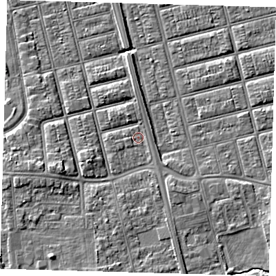 Shaded relief map of the ground around DN320JW, computed from Environment Agency LiDAR. The ground here sits at about 4 m above sea level and falls 6 m across the surrounding 800 m. Surface water reaching this point runs off ground lying to the west-south-west, 0.8 m higher.
