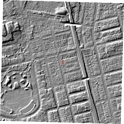 Shaded relief map of the ground around DN320JX, computed from Environment Agency LiDAR. The ground here sits at about 3 m above sea level and falls 6 m across the surrounding 800 m. Surface water reaching this point runs off ground lying to the east-south-east, 1.6 m higher.