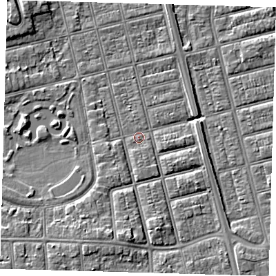 Shaded relief map of the ground around DN320JZ, computed from Environment Agency LiDAR. The ground here sits at about 4 m above sea level and falls 6 m across the surrounding 800 m. Surface water reaching this point runs off ground lying to the south, 1.2 m higher.