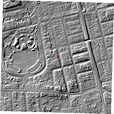 Shaded relief map of the ground around DN320LA, computed from Environment Agency LiDAR. The ground here sits at about 4 m above sea level and falls 6 m across the surrounding 800 m. Surface water reaching this point runs off ground lying to the south, 3.4 m higher.
