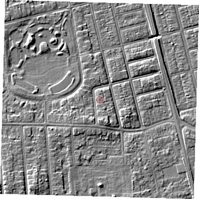 Shaded relief map of the ground around DN320LD, computed from Environment Agency LiDAR. The ground here sits at about 5 m above sea level and falls 7 m across the surrounding 800 m. Surface water reaching this point runs off ground lying to the south-south-west, 2.4 m higher.