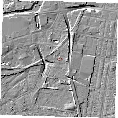 Shaded relief map of the ground around DN320LL, computed from Environment Agency LiDAR. The ground here sits at about 4 m above sea level and falls 9 m across the surrounding 800 m. Surface water reaching this point runs off ground lying to the north, 1.1 m higher.
