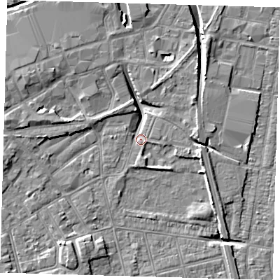Shaded relief map of the ground around DN320LP, computed from Environment Agency LiDAR. The ground here sits at about 3 m above sea level and falls 9 m across the surrounding 800 m. Surface water reaching this point runs off ground lying to the west, 6.3 m higher.