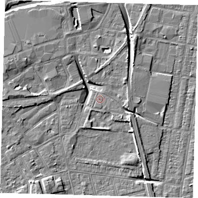 Shaded relief map of the ground around DN320LR, computed from Environment Agency LiDAR. The ground here sits at about 3 m above sea level and falls 9 m across the surrounding 800 m. Surface water reaching this point runs off ground lying to the west-north-west, 6.3 m higher.