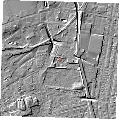 Shaded relief map of the ground around DN320LT, computed from Environment Agency LiDAR. The ground here sits at about 3 m above sea level and falls 9 m across the surrounding 800 m. Surface water reaching this point runs off ground lying to the south-west, 1.6 m higher.