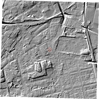 Shaded relief map of the ground around DN320LU, computed from Environment Agency LiDAR. The ground here sits at about 3 m above sea level and falls 9 m across the surrounding 800 m. Surface water reaching this point runs off ground lying to the west-north-west, 9.2 m higher.