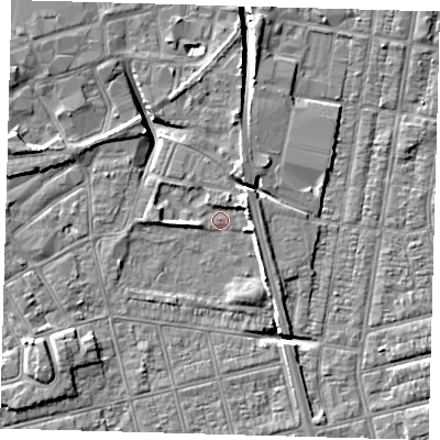 Shaded relief map of the ground around DN320LW, computed from Environment Agency LiDAR. The ground here sits at about 3 m above sea level and falls 9 m across the surrounding 800 m. Surface water reaching this point runs off ground lying to the east-north-east, 3.0 m higher.