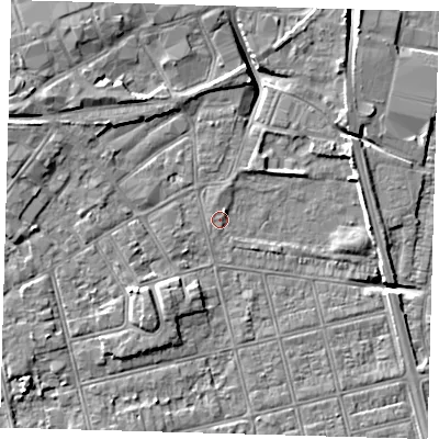 Shaded relief map of the ground around DN320LX, computed from Environment Agency LiDAR. The ground here sits at about 3 m above sea level and falls 7 m across the surrounding 800 m. Surface water reaching this point runs off ground lying to the north-north-east, 1.7 m higher.