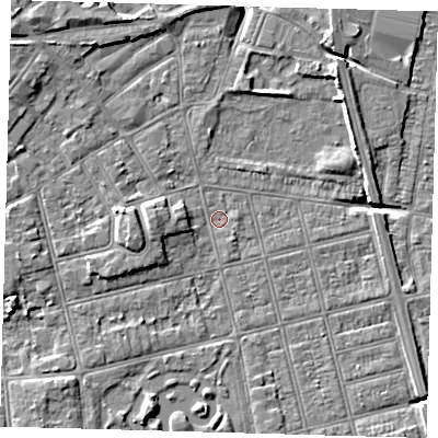 Shaded relief map of the ground around DN320LY, computed from Environment Agency LiDAR. The ground here sits at about 3 m above sea level and falls 6 m across the surrounding 800 m. Surface water reaching this point runs off ground lying to the west, 3.4 m higher.