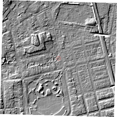 Shaded relief map of the ground around DN320LZ, computed from Environment Agency LiDAR. The ground here sits at about 3 m above sea level and falls 6 m across the surrounding 800 m. Surface water reaching this point runs off ground lying to the west-south-west, 1.6 m higher.