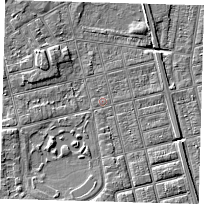 Shaded relief map of the ground around DN320NB, computed from Environment Agency LiDAR. The ground here sits at about 3 m above sea level and falls 6 m across the surrounding 800 m. Surface water reaching this point runs off ground lying to the south, 2.6 m higher.