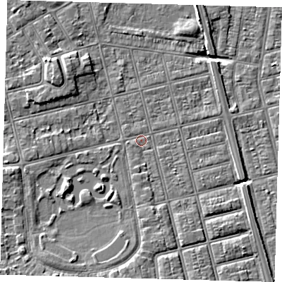 Shaded relief map of the ground around DN320ND, computed from Environment Agency LiDAR. The ground here sits at about 3 m above sea level and falls 6 m across the surrounding 800 m. Surface water reaching this point runs off ground lying to the south, 2.8 m higher.