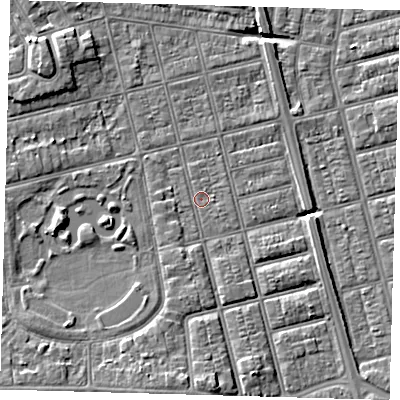 Shaded relief map of the ground around DN320NE, computed from Environment Agency LiDAR. The ground here sits at about 3 m above sea level and falls 6 m across the surrounding 800 m. Surface water reaching this point runs off ground lying to the south, 3.5 m higher.