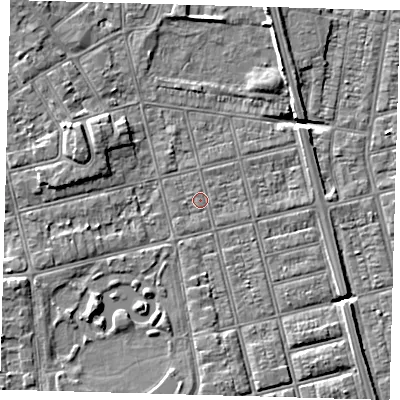 Shaded relief map of the ground around DN320NN, computed from Environment Agency LiDAR. The ground here sits at about 3 m above sea level and falls 6 m across the surrounding 800 m. Surface water reaching this point runs off ground lying to the south-west, 2.3 m higher.