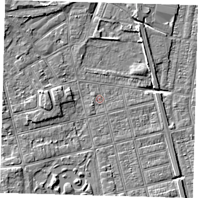 Shaded relief map of the ground around DN320NP, computed from Environment Agency LiDAR. The ground here sits at about 3 m above sea level and falls 6 m across the surrounding 800 m. Surface water reaching this point runs off ground lying to the south, 1.4 m higher.
