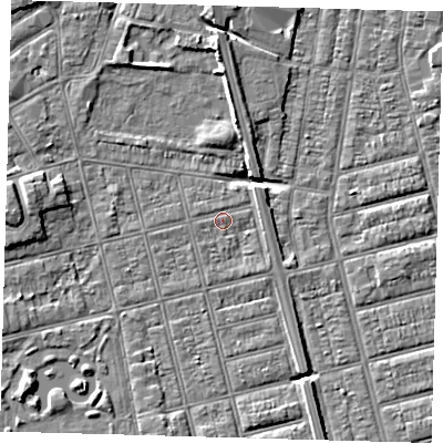 Shaded relief map of the ground around DN320NS, computed from Environment Agency LiDAR. The ground here sits at about 3 m above sea level and falls 6 m across the surrounding 800 m. Surface water reaching this point runs off ground lying to the south-south-east, 1.8 m higher.