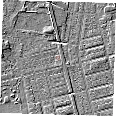 Shaded relief map of the ground around DN320NT, computed from Environment Agency LiDAR. The ground here sits at about 3 m above sea level and falls 5 m across the surrounding 800 m. Surface water reaching this point runs off ground lying to the north, 1.4 m higher.