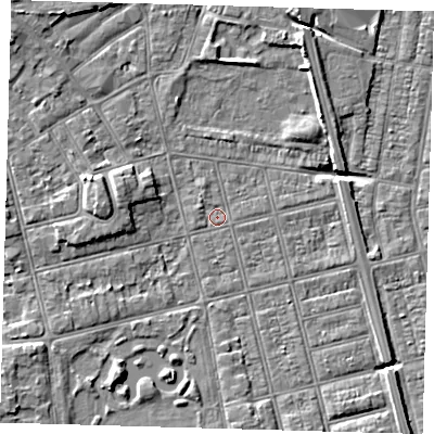 Shaded relief map of the ground around DN320NW, computed from Environment Agency LiDAR. The ground here sits at about 3 m above sea level and falls 6 m across the surrounding 800 m. Surface water reaching this point runs off ground lying to the south, 2.1 m higher.