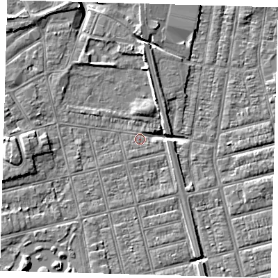 Shaded relief map of the ground around DN320NX, computed from Environment Agency LiDAR. The ground here sits at about 3 m above sea level and falls 6 m across the surrounding 800 m. Surface water reaching this point runs off ground lying to the east, 3.5 m higher.