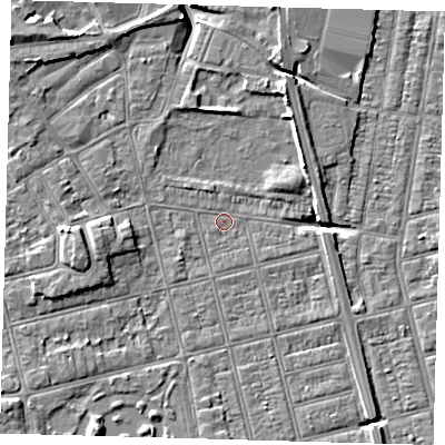 Shaded relief map of the ground around DN320PA, computed from Environment Agency LiDAR. The ground here sits at about 3 m above sea level and falls 6 m across the surrounding 800 m. Surface water reaching this point runs off ground lying to the west-south-west, 3.8 m higher.