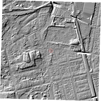Shaded relief map of the ground around DN320PB, computed from Environment Agency LiDAR. The ground here sits at about 3 m above sea level and falls 6 m across the surrounding 800 m. Surface water reaching this point runs off ground lying to the west-south-west, 3.6 m higher.