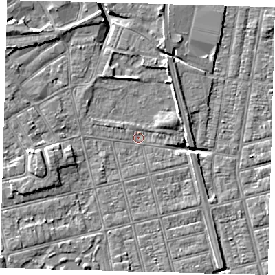 Shaded relief map of the ground around DN320PD, computed from Environment Agency LiDAR. The ground here sits at about 2 m above sea level and falls 6 m across the surrounding 800 m. Surface water reaching this point runs off ground lying to the west-south-west, 3.8 m higher.