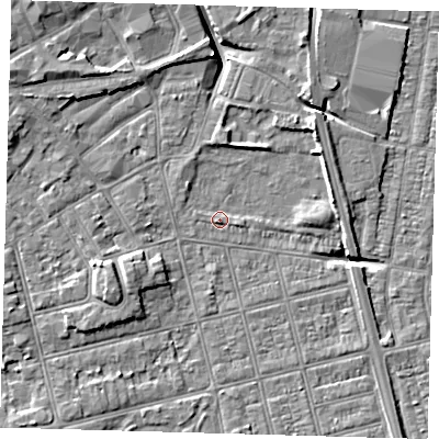 Shaded relief map of the ground around DN320PE, computed from Environment Agency LiDAR. The ground here sits at about 3 m above sea level and falls 6 m across the surrounding 800 m. Surface water reaching this point runs off ground lying to the west-south-west, 1.1 m higher.