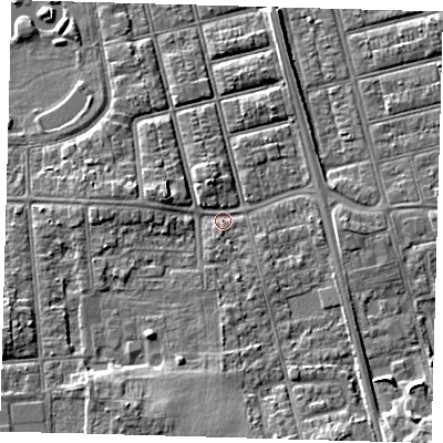 Shaded relief map of the ground around DN320PT, computed from Environment Agency LiDAR. The ground here sits at about 4 m above sea level and falls 8 m across the surrounding 800 m. Surface water reaching this point runs off ground lying to the south-south-west, 5.3 m higher.